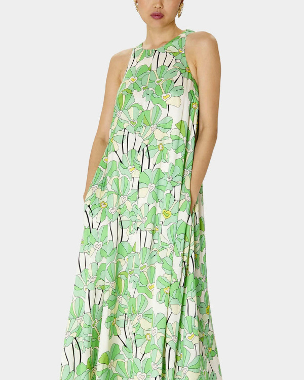 Robe longue vase motif floral sans manches col rond vert clair