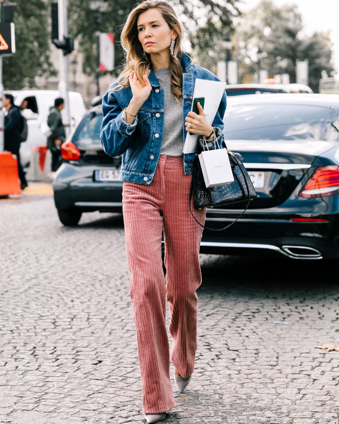 Velours ctel rose + jean  peine dlav + cuir effet croco noir + maille grise = le bon mix