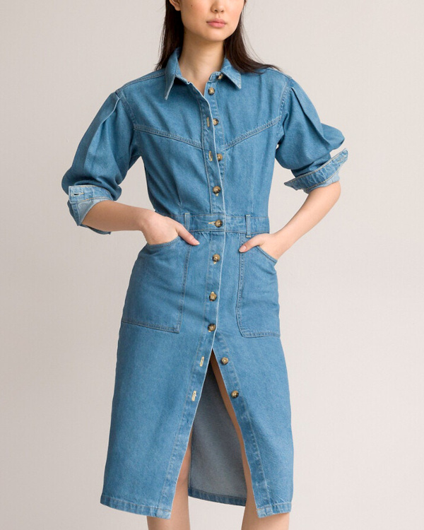 Robe-chemise longue en denim, manches longues