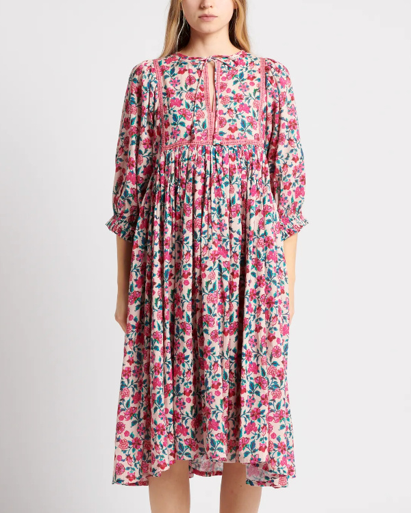 Robe midi ample col rond en coton imprime | Multicolore