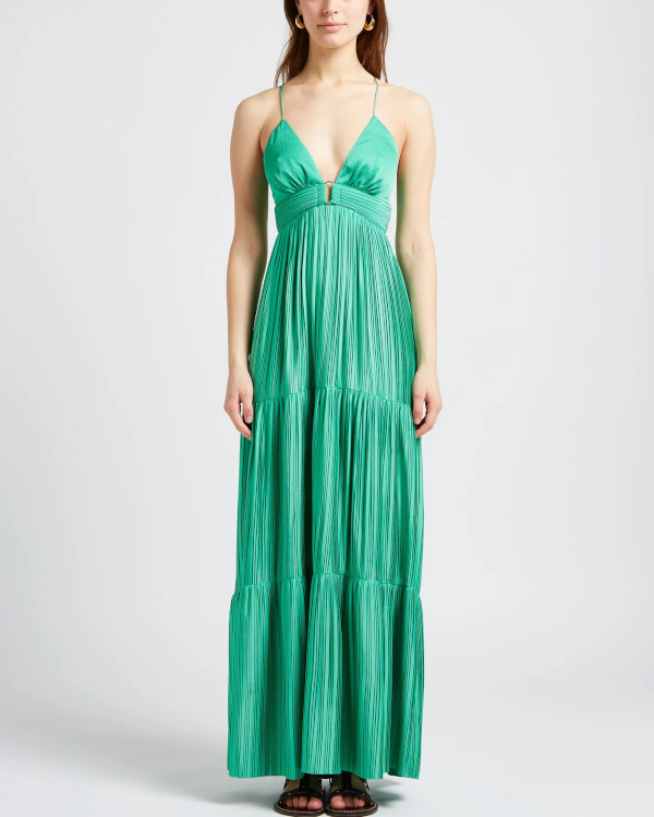 Robe longue plisse satine | Vert