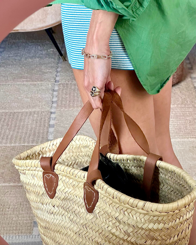 Short en maille  rayures + panier en raphia tress = le bon mix