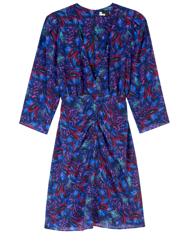 Robe courte col V imprime en soie | Bleu