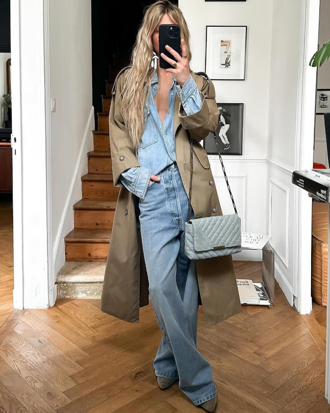 On ne se lasse pas du tandem total look jean/trench !