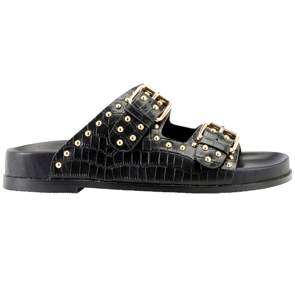 Mules plates en cuir emboss croco | Noir