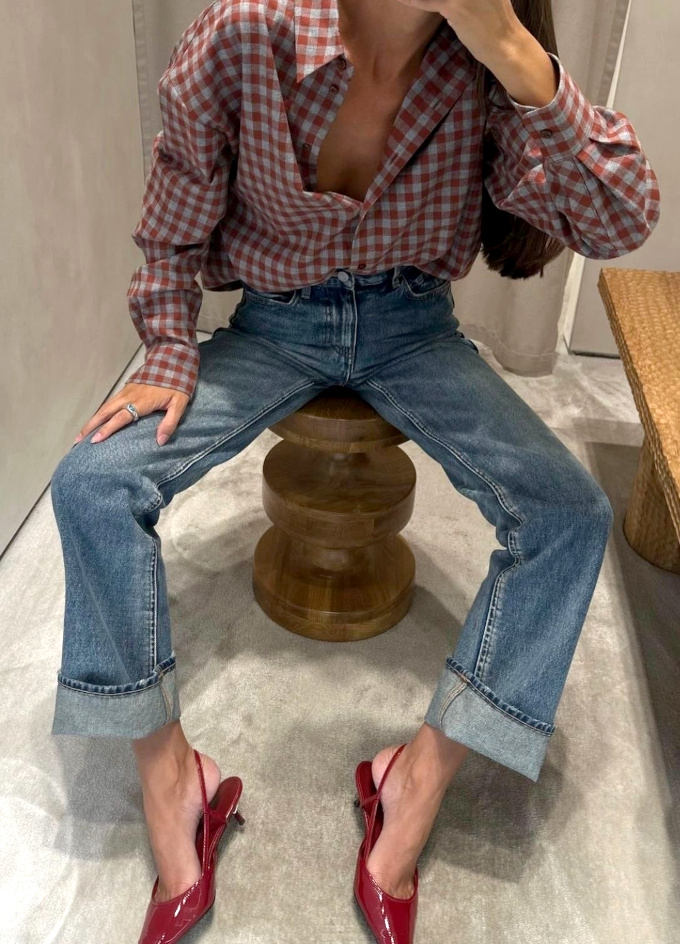 Chemise  carreaux + jean + slingbacks = le bon mix