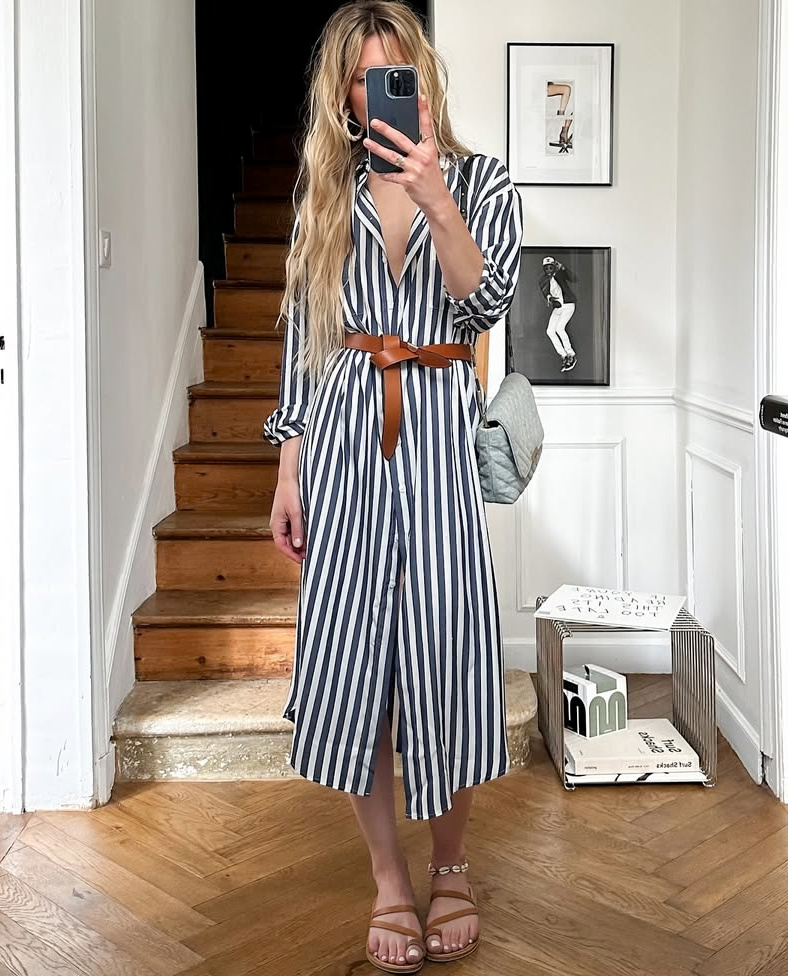 Robe chemise + ceinture en cuir caramel = le bon mix