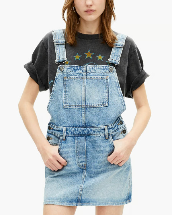 Robe courte salopette denim coupe droite - Bleu