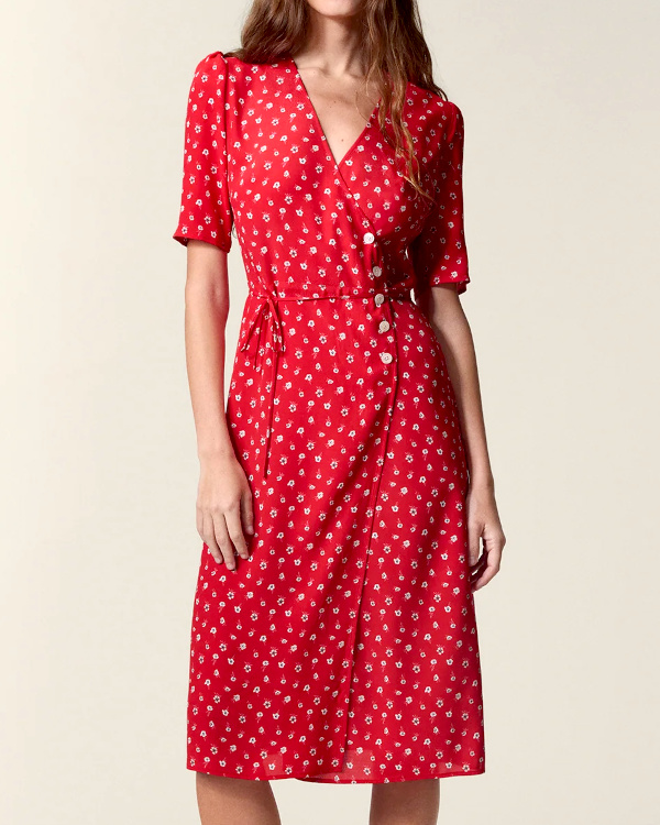 ROBE PORTEFEUILLE MIDI IMPRIMÉ FLEURI ROUGE