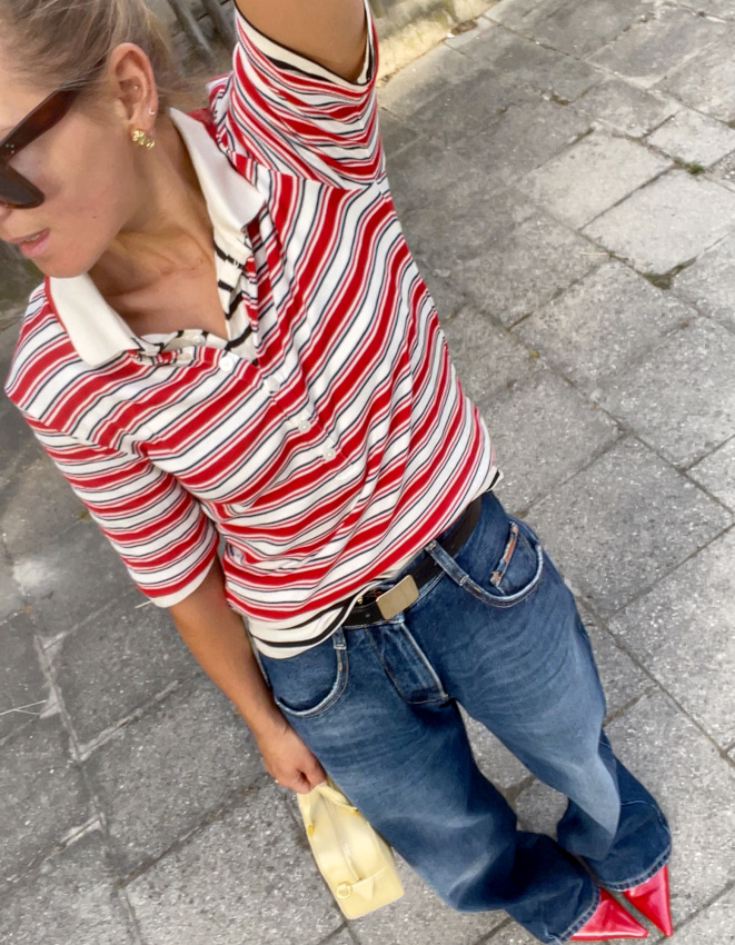 Polo ray + jean large + escarpins = le bon mix
