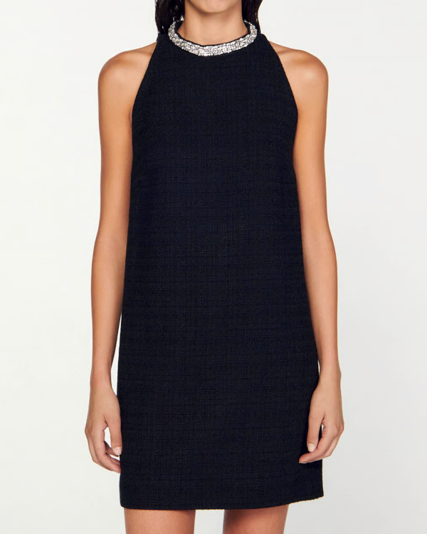 Robe courte col rond à bijoux - Noir