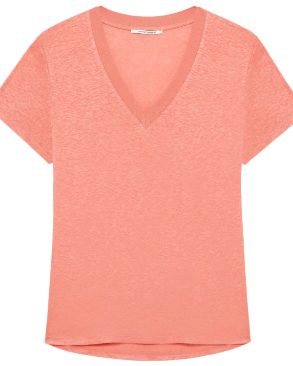 T-shirt court manches courtes col V rose