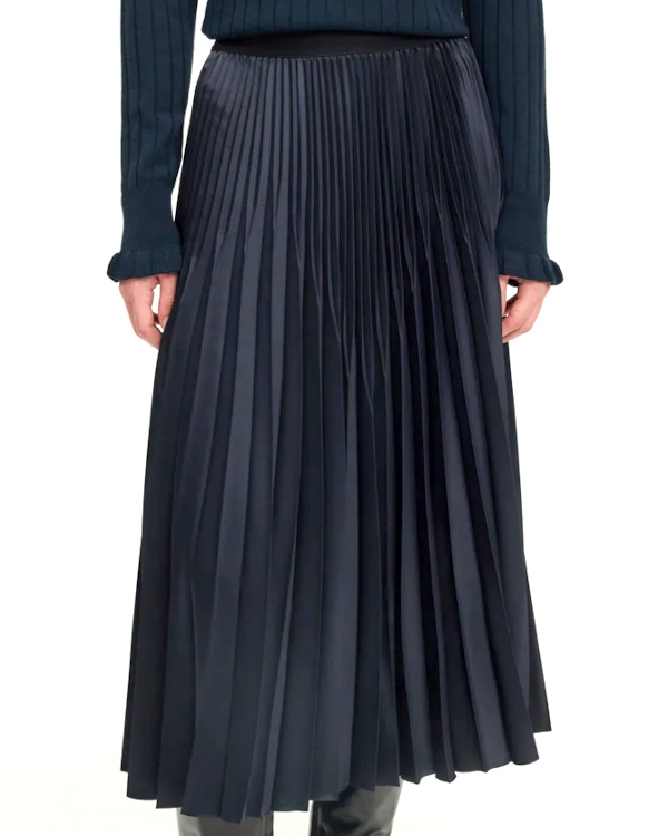 Jupe midi satinée plissée bleu marine