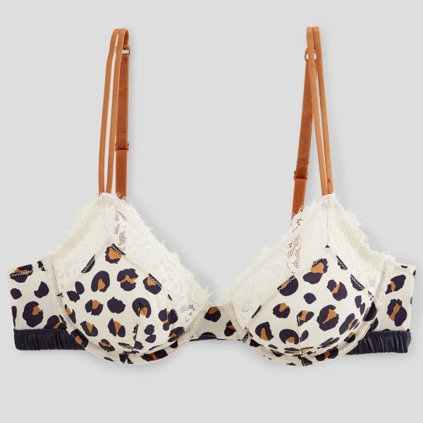 Soutien-gorge corbeille balconnet en microfibre imprimée et dentelle