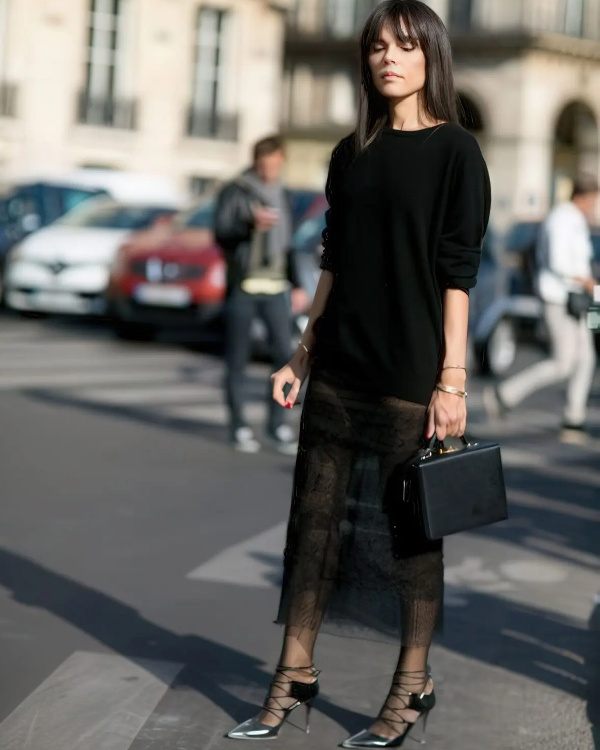 Pull noir et jupe noire en dentelle