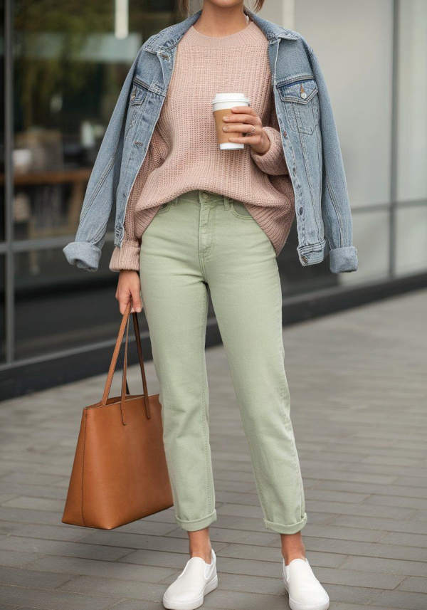 Slim vert d'eau porté avec un pull rose poudré, une veste en jean oversize, des baskets blanches et un grand sac camel