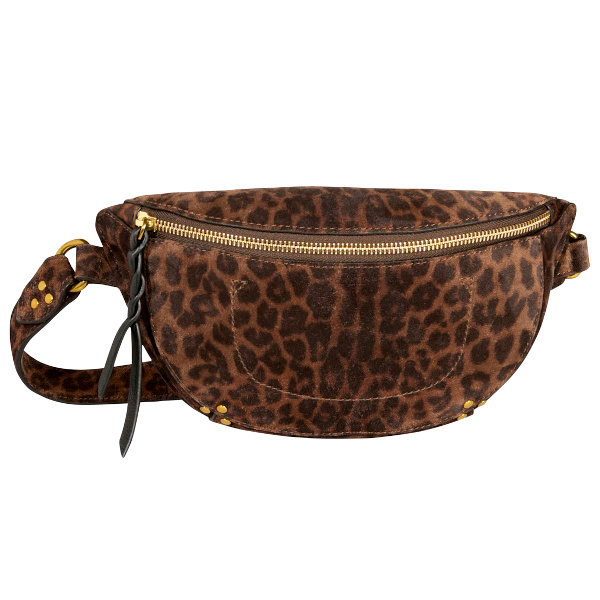 Sac banane en cuir velours marron à imprimé léopard avec zip doré