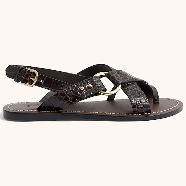 Sandale plate noire effet crocodile avec bride cheville