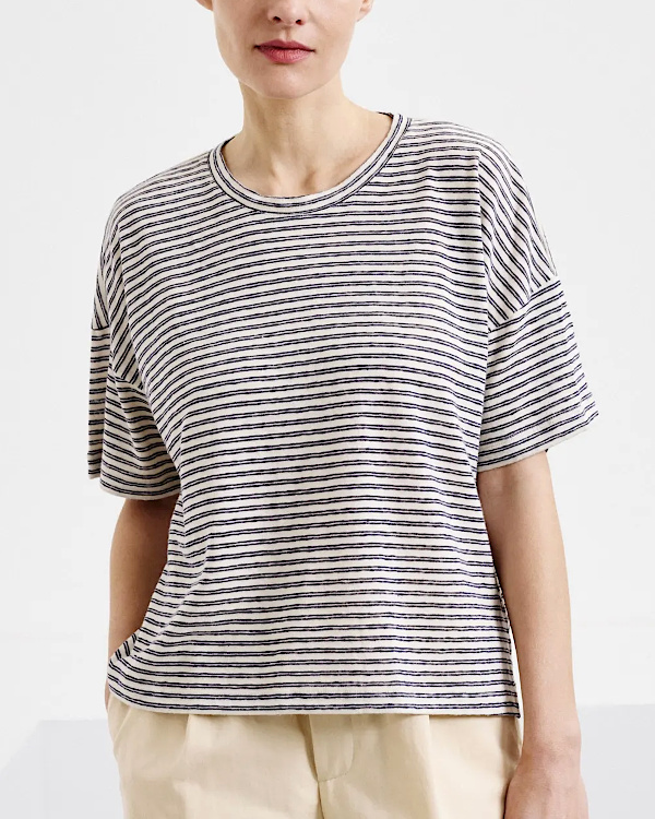 T-shirt Rayures Jersey de Coton et Lin | Bleu nuit