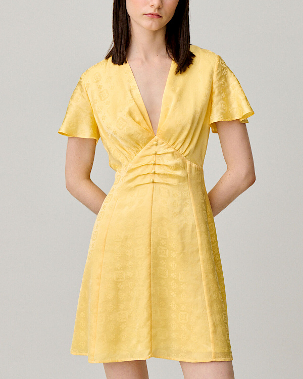 Robe jaune courte à col V, manches fluides et taille marquée
