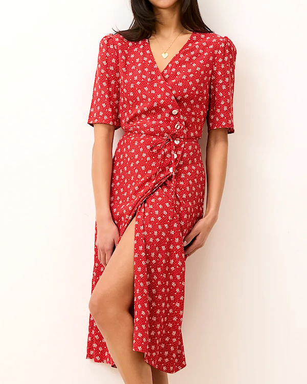Robe portefeuille mi-longue imprimé Arlésienne rouge
