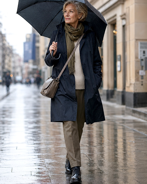 Femme marchant sous la pluie avec un parapluie et un manteau imperméable bleu marine