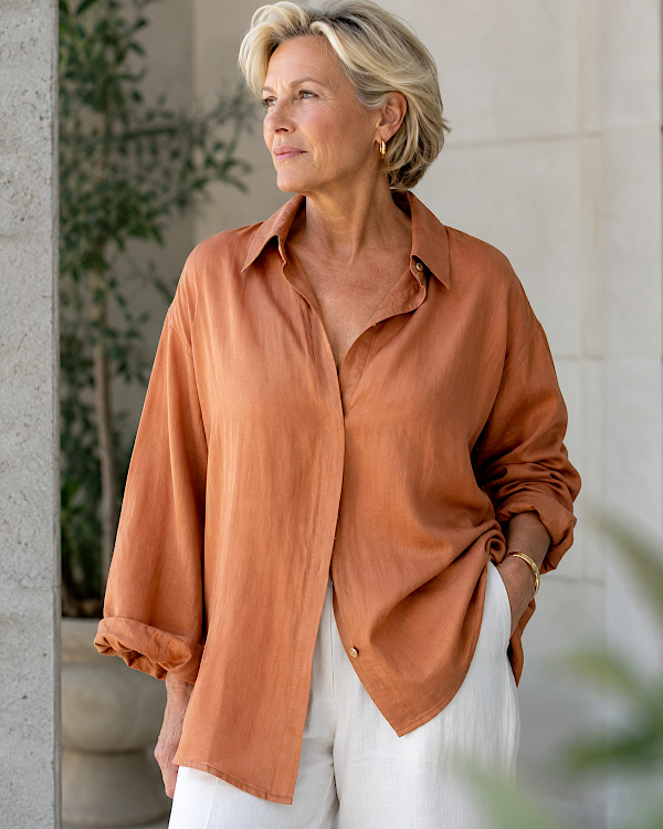 Femme blonde portant une chemise oversize couleur terracotta avec un pantalon blanc fluide