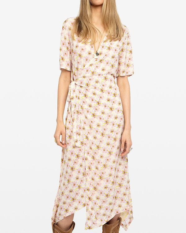 Robe mi longue asymétrique en viscose imprimée avec manches courtes, esprit portefeuille