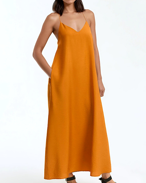 Robe longue, à fines bretelles orange