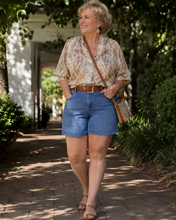 Femme ronde portant un short en jean avec une blouse imprimée, une ceinture marron et des sandales