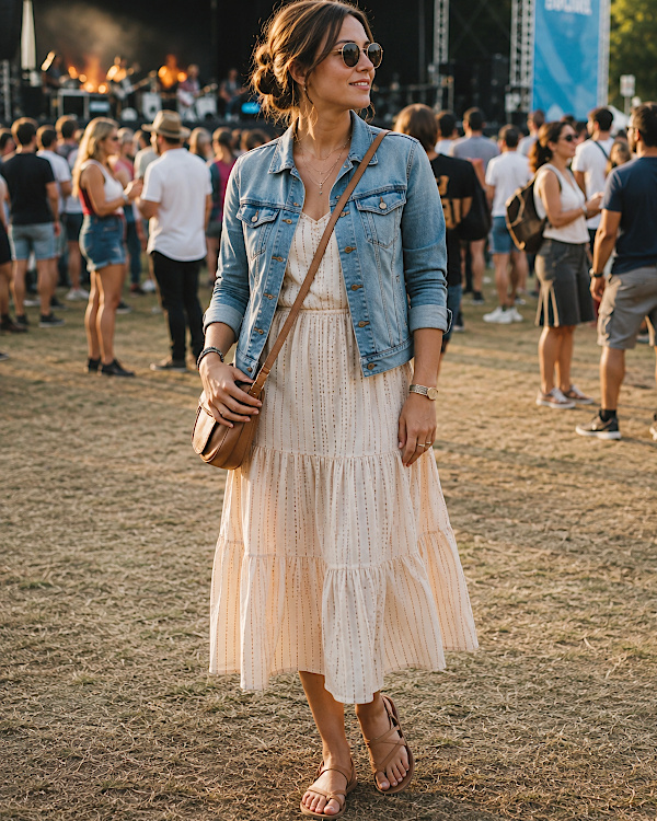 Femme en robe longue claire et veste en jean lors d'un concert en plein air