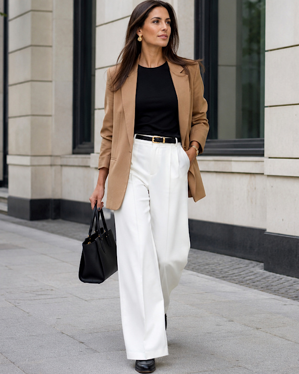 Femme en pantalon large blanc, haut noir et blazer camel