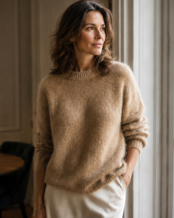 Femme portant un pull beige duveteux avec un pantalon clair
