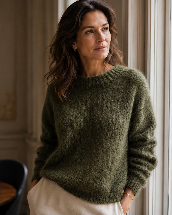 Femme portant un pull vert kaki à l'aspect duveteux