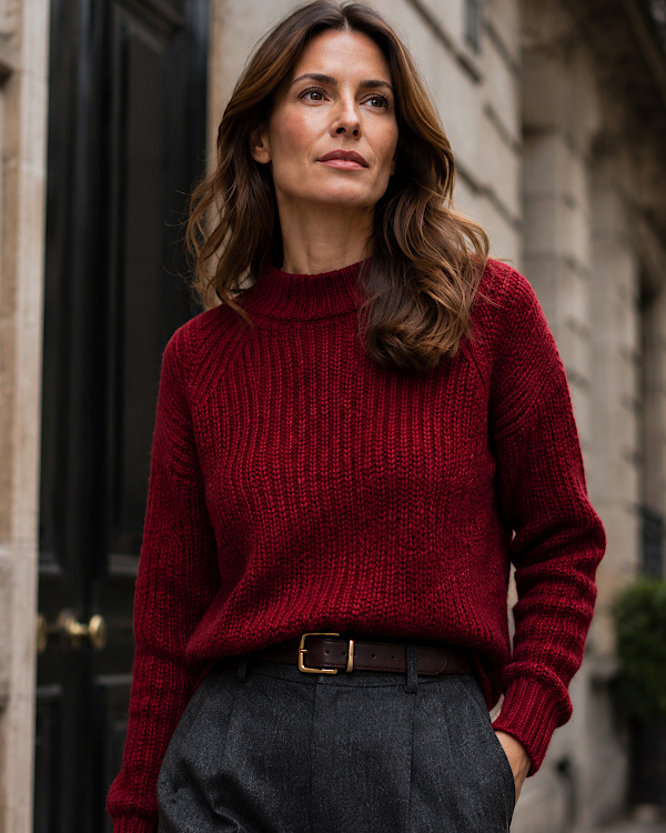 Femme portant un pull rouge en maille texturée avec un pantalon gris
