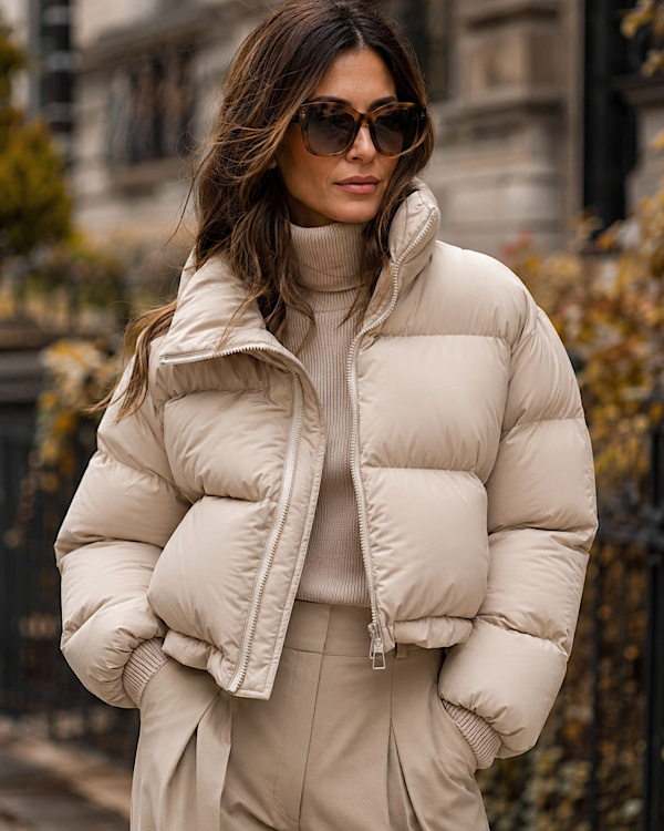 Femme brune portant une doudoune courte beige avec une tenue dans les tons neutres