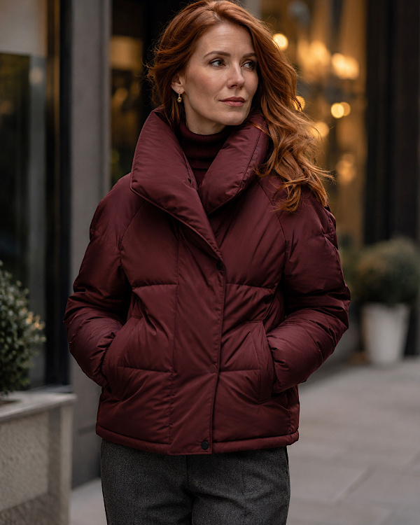 Femme rousse portant une doudoune bordeaux à large col enveloppant
