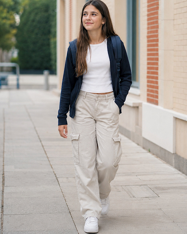 Adolescente brune en tenue casual avec pantalon cargo clair et veste marine