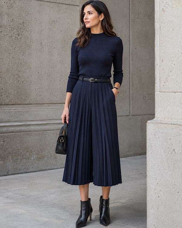 Jupe culotte plissée bleu marine avec haut ajusté et bottines noires