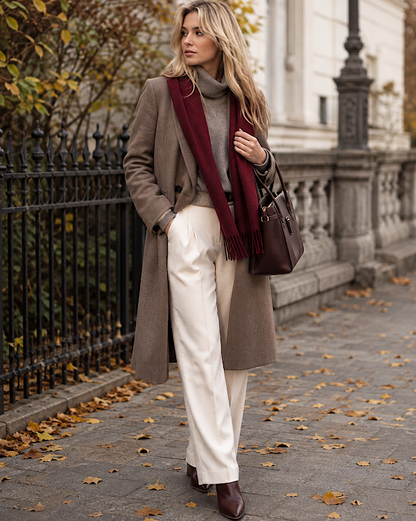 Femme blonde en manteau taupe, pantalon écru et écharpe bordeaux