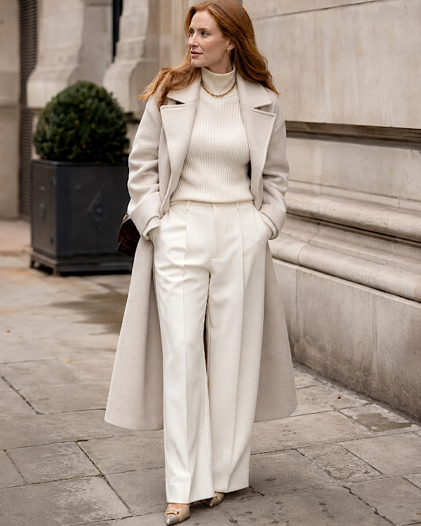 Femme rousse en manteau beige et tenue monochrome écrue