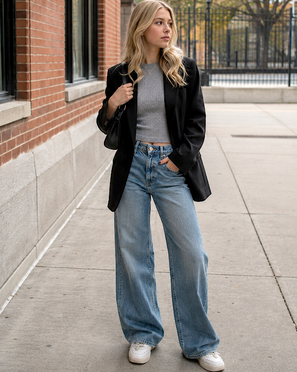 Femme blonde en blazer noir, jean large et baskets blanches