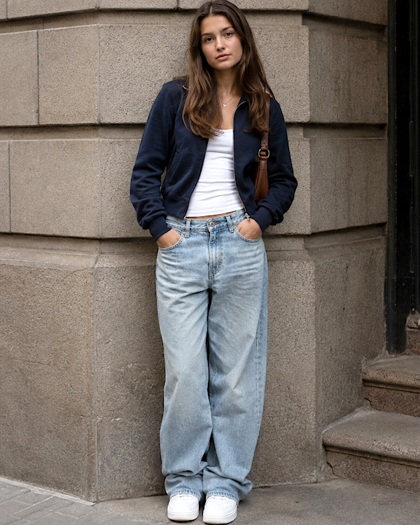 Femme brune en veste bleu marine, jean large et baskets blanches