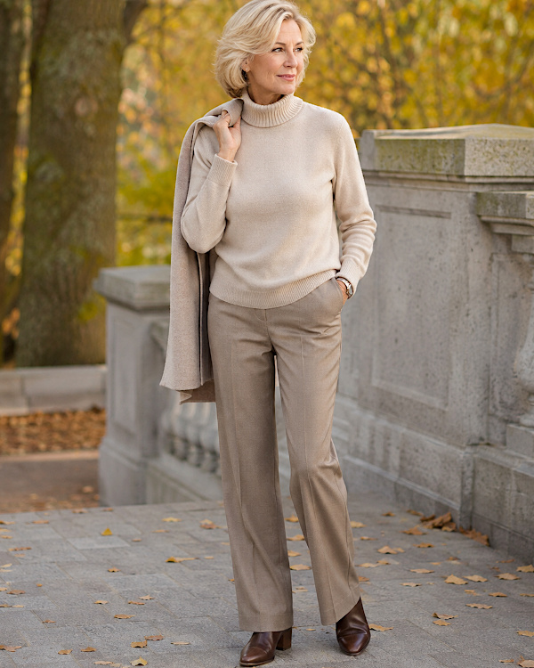 Tenue d’automne beige avec pull col roulé et pantalon droit