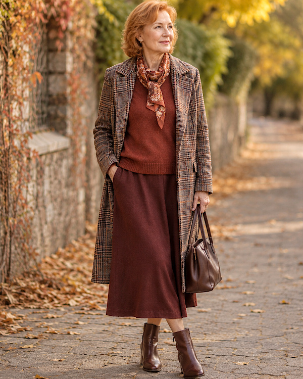 Tenue automnale bordeaux et rouille avec manteau à carreaux