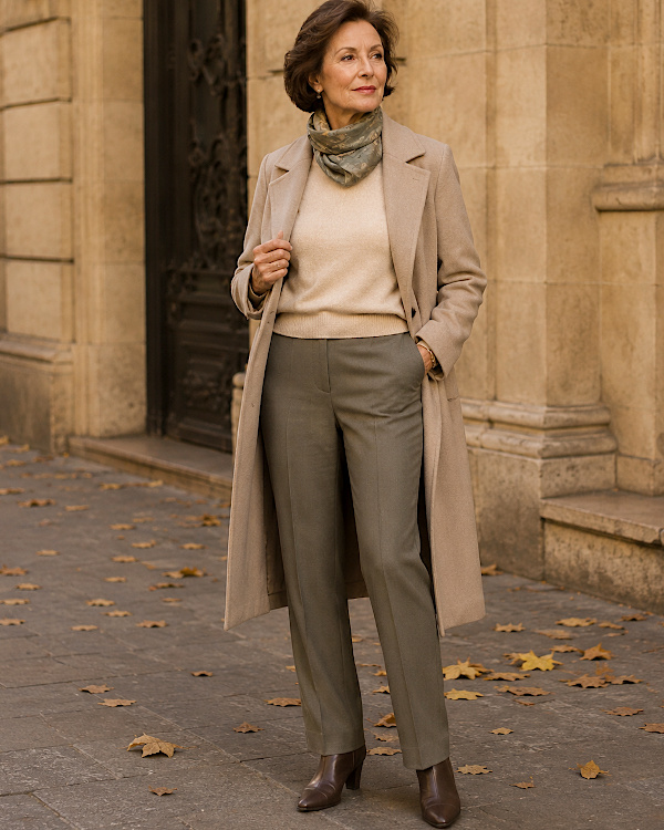 Look élégant beige et taupe avec long manteau et foulard