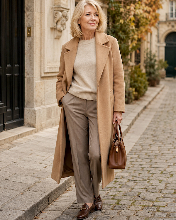 Tenue automnale camel et beige accessoirisée d’un sac marron