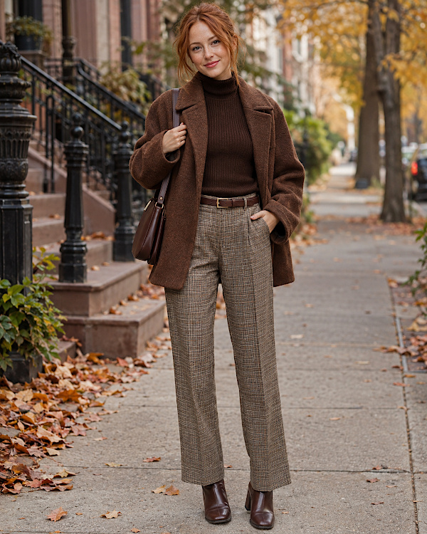 Femme rousse en veste marron, pantalon à carreaux et bottines