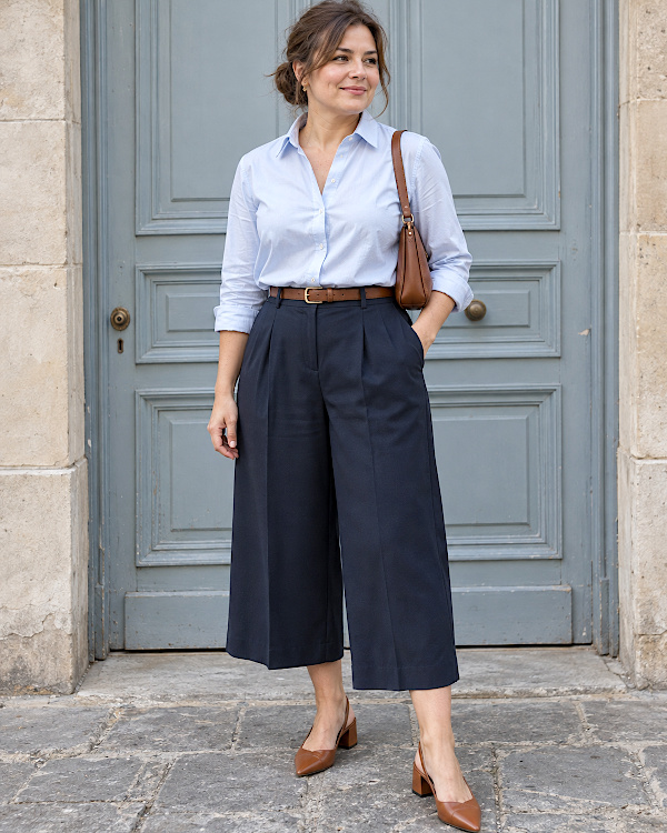 Femme brune en jupe-culotte bleu marine, chemise bleu clair et escarpins camel