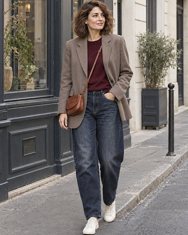 Femme en blazer taupe, pull bordeaux, jean ample et baskets écrues